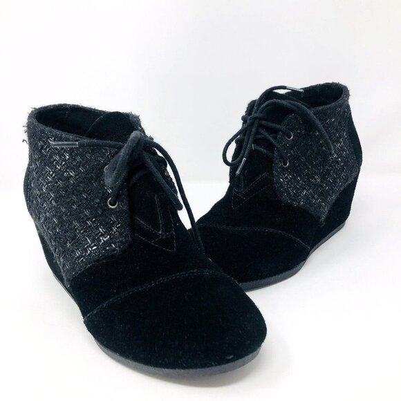 TOMS Boots Womens 7 Kala Black Suede Desert Wedge Heel Ankle Bootie Tweed Casual - Picture 1 of 10